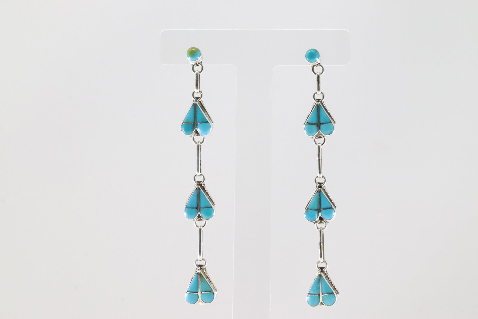 Native America Zuni Sterling Silver Turquoise Inlay Heart Post / Dangling Earring's By Velda: This is a Native America Zuni Sterling Silver Turquoise Inlay Heart Post / Dangling Earring's By Velda Nastacio. Stamp RVN.
