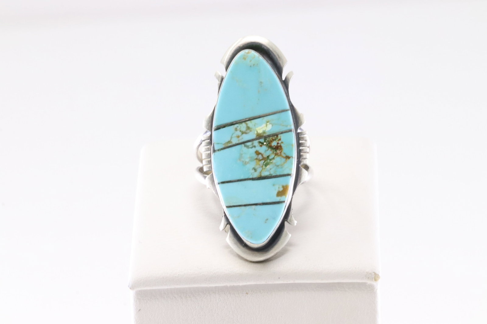Native America Navajo Sterling Silver Turquoise Inlay Ring By SF.: This is a Native America Navajo Sterling Silver Turquoise Inlay Ring By SF. Stamp SF. Ring Size: 6.75.