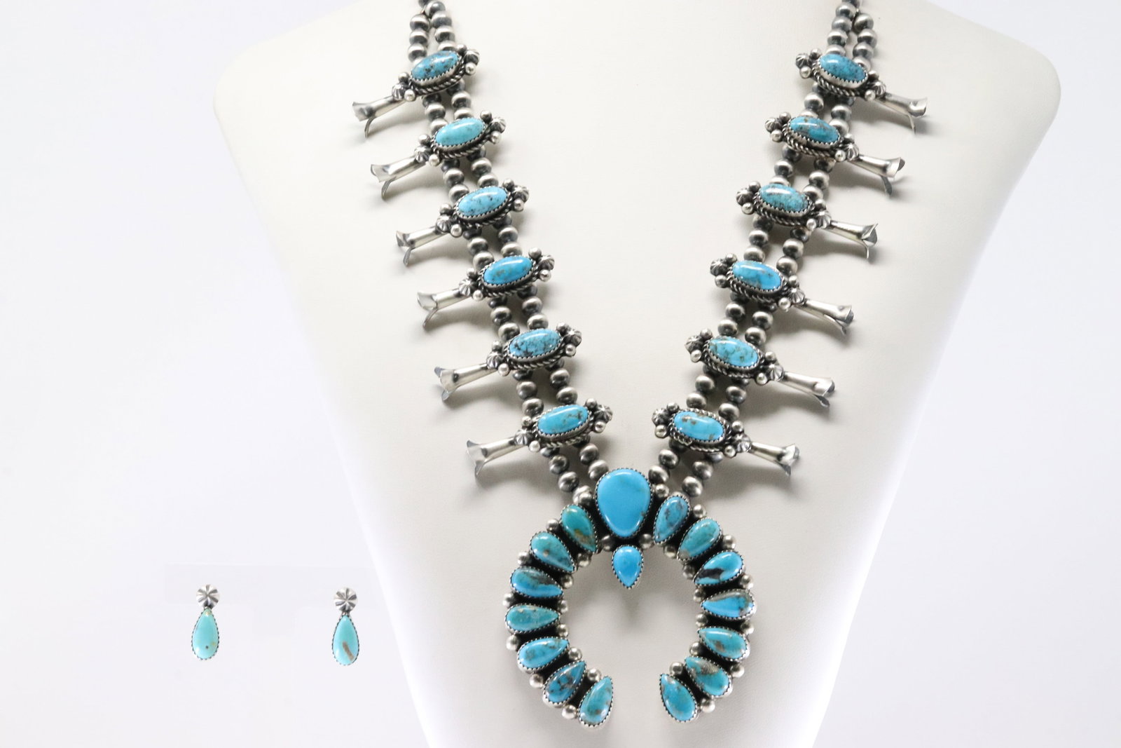 Native America Navajo Sterling Silver Turquoise Squash Blossom Necklace & Earring's Set By T.Smith. (1 of 8)