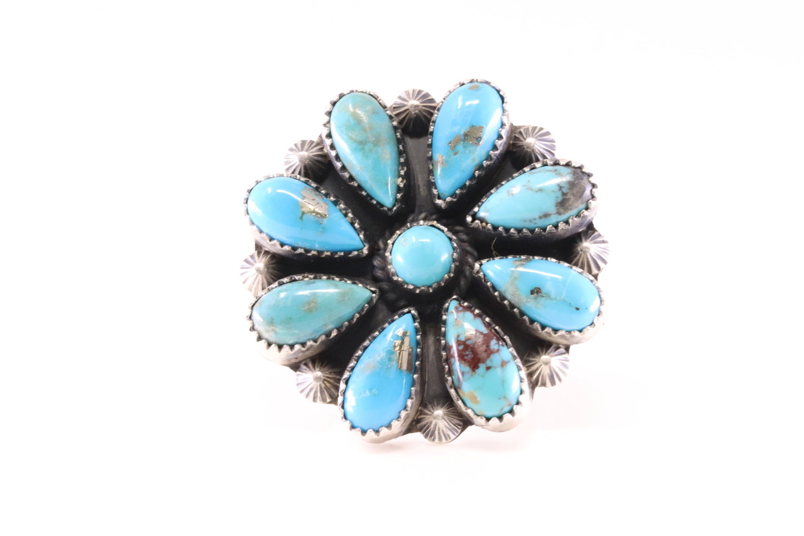 Native America Navajo Sterling Silver Turquoise Flower Ring By T. Smith.: This is a Native America Navajo Sterling Silver Turquoise Flower Ring By T. Smith. Stamp T. Smith. Ring Size: 10.00.