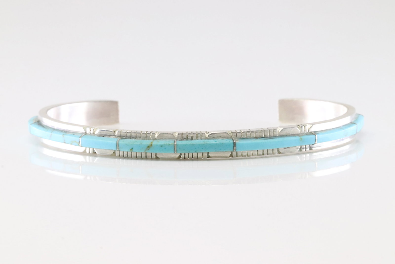 Native America Navajo Sterling Silver Turquoise Inlay Bracelet Cuff By S.F.: This is a Native America Navajo Sterling Silver Turquoise Inlay Bracelet Cuff By S.F.