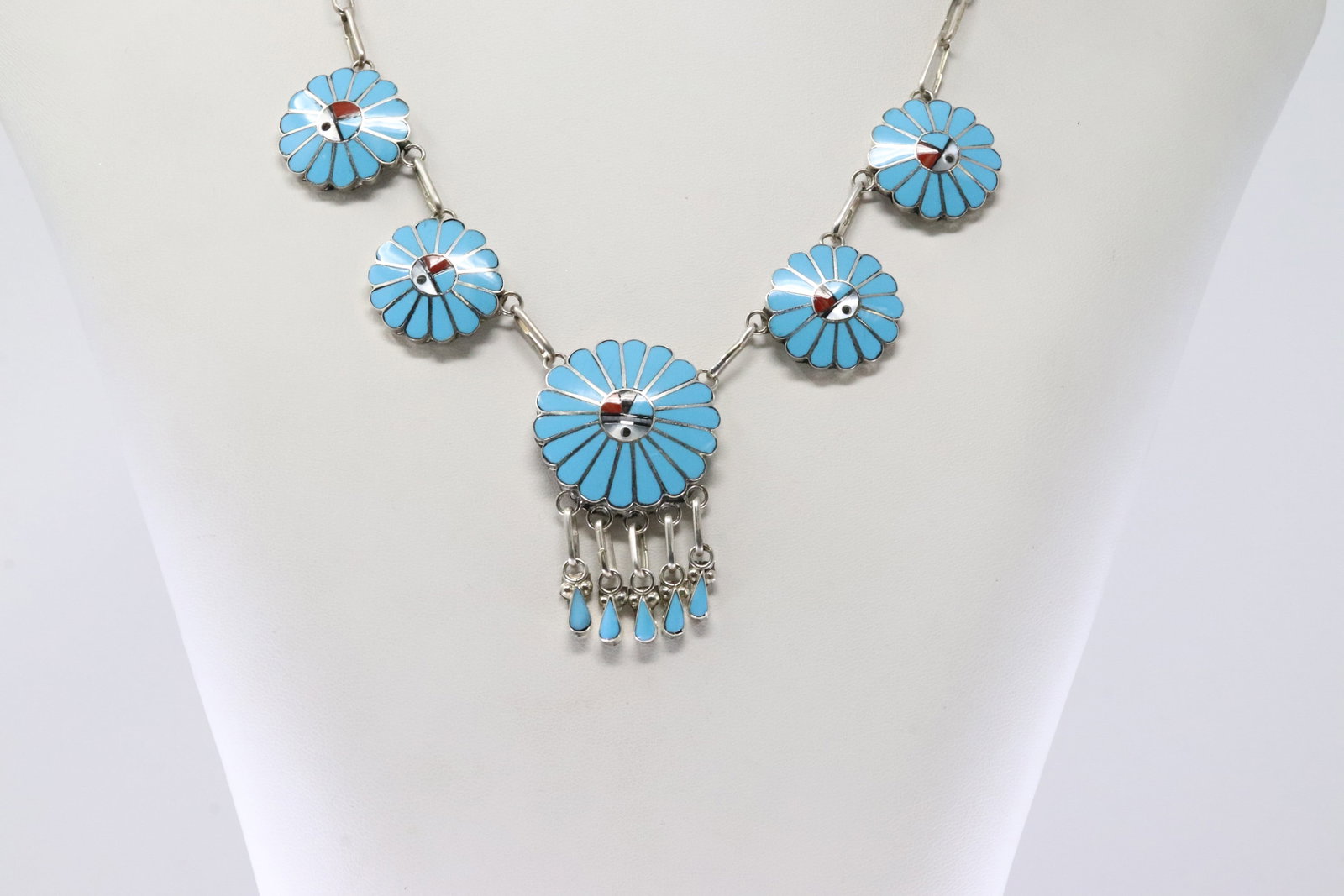 Native America Zuni Sterling Silver Multi-Color Stone Sunface Necklace By Burdian Soseeah.: This is a Native America Zuni Sterling Silver Multi-Color Stone Sunface Necklace By Burdian Soseeah. Necklace length: 20.00"