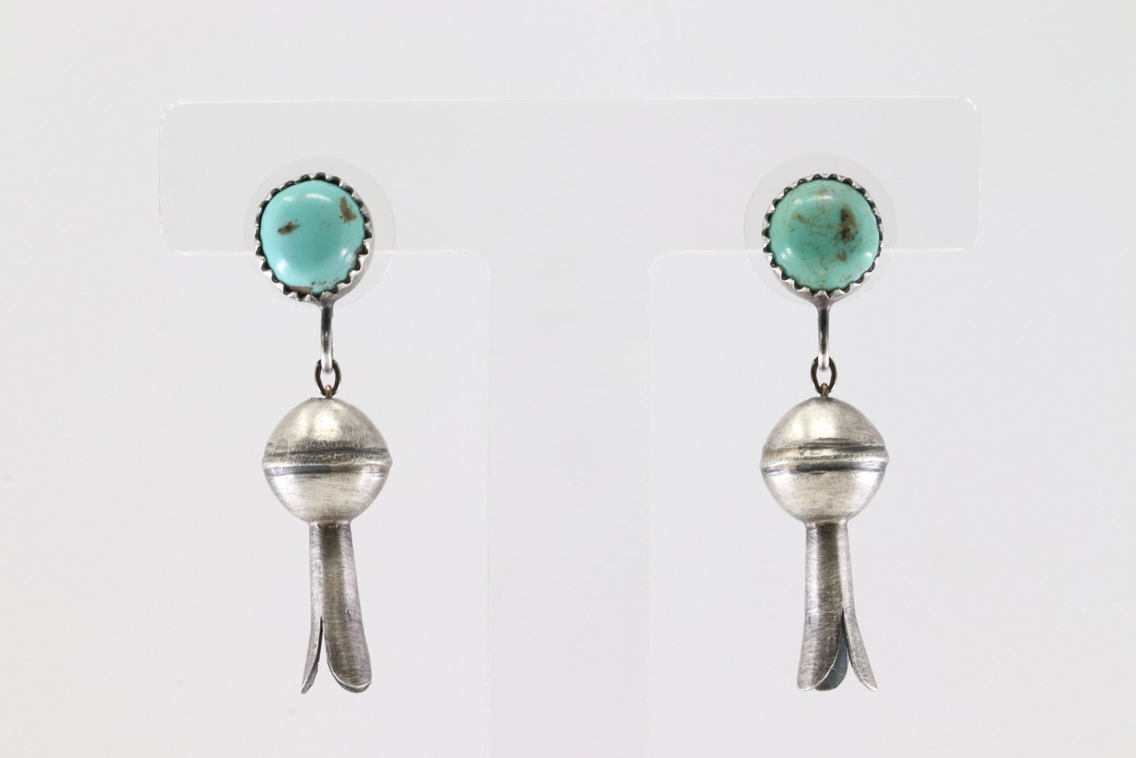 Native America Navajo Sterling Silver Turquoise Blossom Post / Dangling Earring's By S.: This is a Native America Navajo Sterling Silver Turquoise Blossom Post / Dangling Earring's By S. Stamp S.