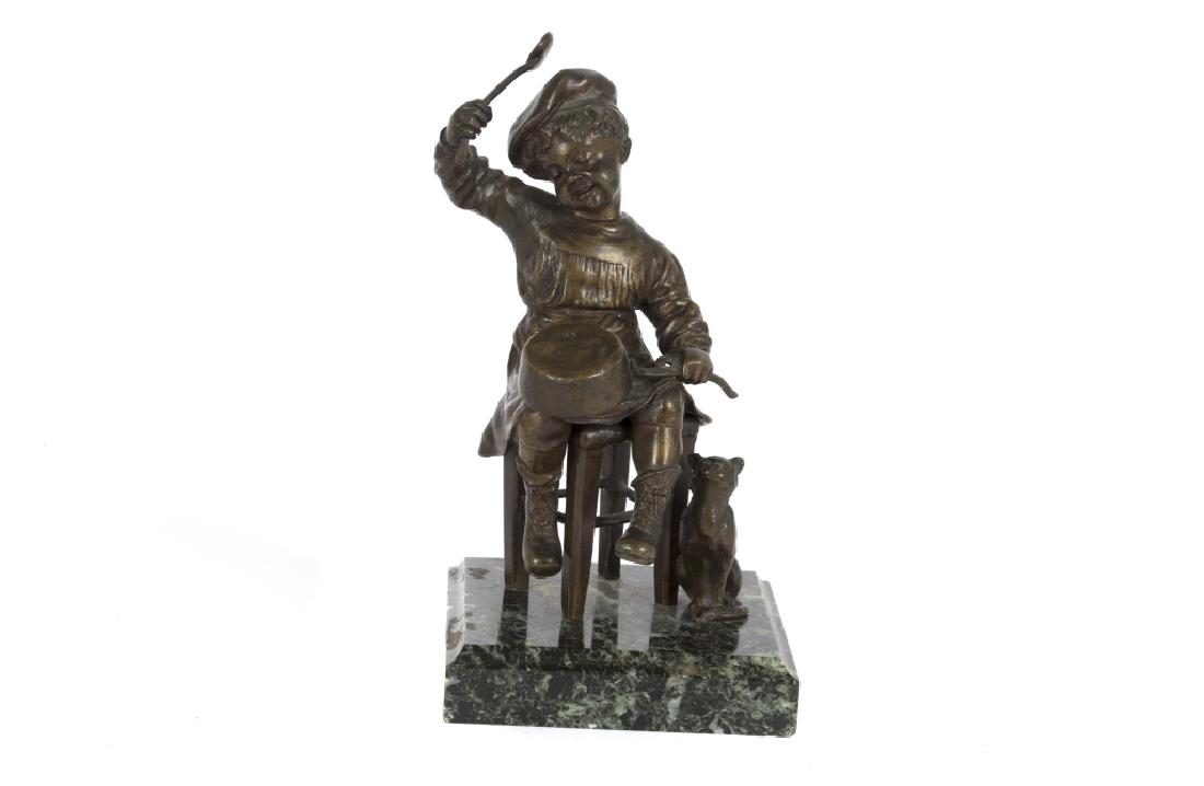 A bronze in the style of Jose Cardona: Modeled as a curly haired lad beating on an upturned pot with a contented cat seated at his feet. Casa Bellas Artes, Buenos Aires foundry mark. On later marble plinth. 10 1/4in H. 10in. H (GMP 875)