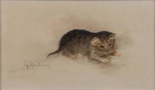 Grace Carpenter Hudson (American, 1867-1937): Kitten Oil on canvas, affixed to board, signed 'G Hudson' (lower left), framed. 6 1/2in. H x 10 3/4in. W Frame: 10 1/2in. H x 14 3/4in. W x 1 1/2in. L Condition: Some surface soiling, varnish appears