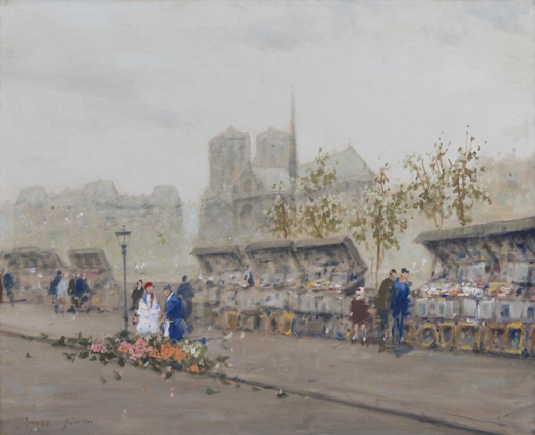 Andre Gisson (American, 1921-2003): Les Bouquinistes Oil on canvas, signed 'Andre Gisson' (lower right), framed. 16in. H x 19 1/2in. W Frame: 23in. H x 27in. W x 1in. L Condition: no rubs or surface abrasions visible. (Max 14)
