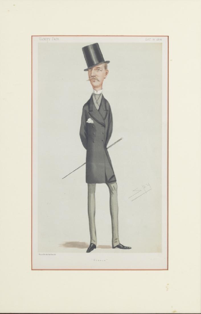 Vanity Fair caricature illustrations, 1875-1896: Nine color lithographs on wove paper, five by 'Spy' (Leslie Ward), four by 'Ape' (Carlo Pellegrini), titles include: Cricket; He might be Champion; Prosy facto & figures; Greece; Hard Hitter; Local ta