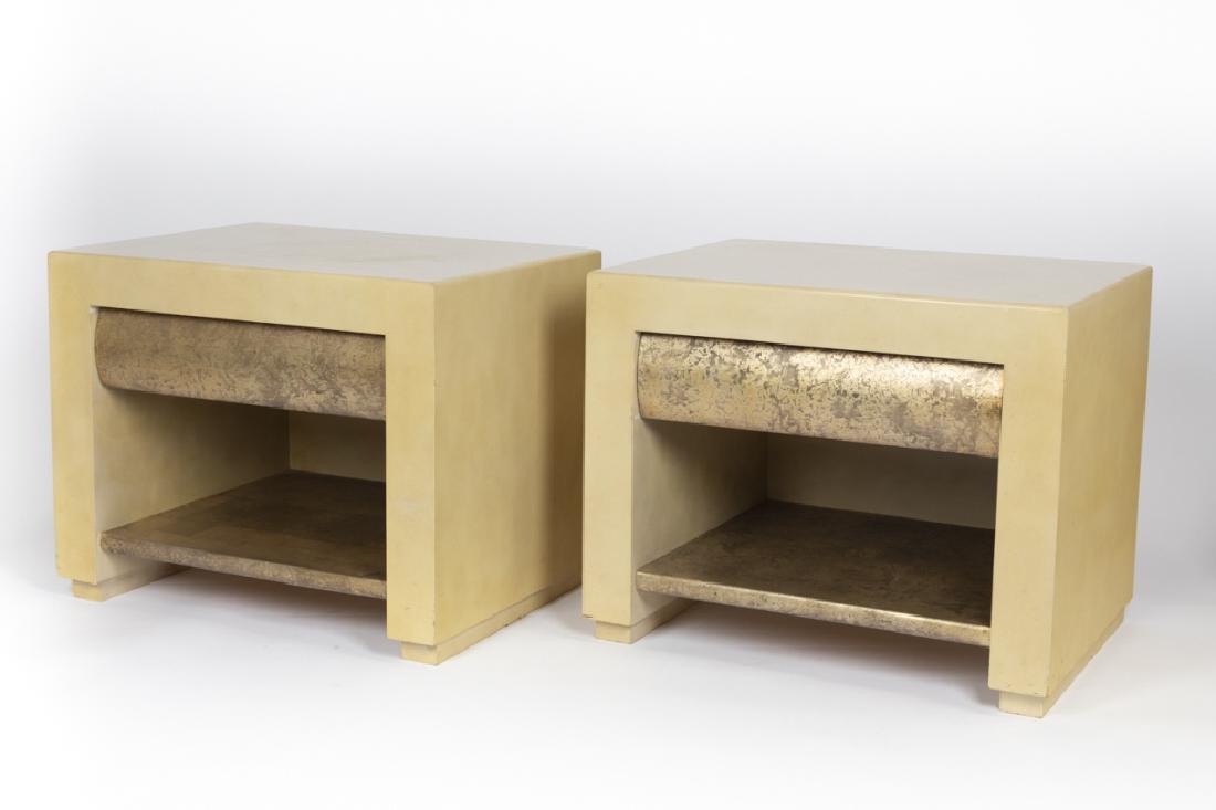 A pair of Contemporary lacquered nightstands: Last quarter 20th century. With metallic leaf and lacquer finish. 24in. H x 22in. W x 30in. L