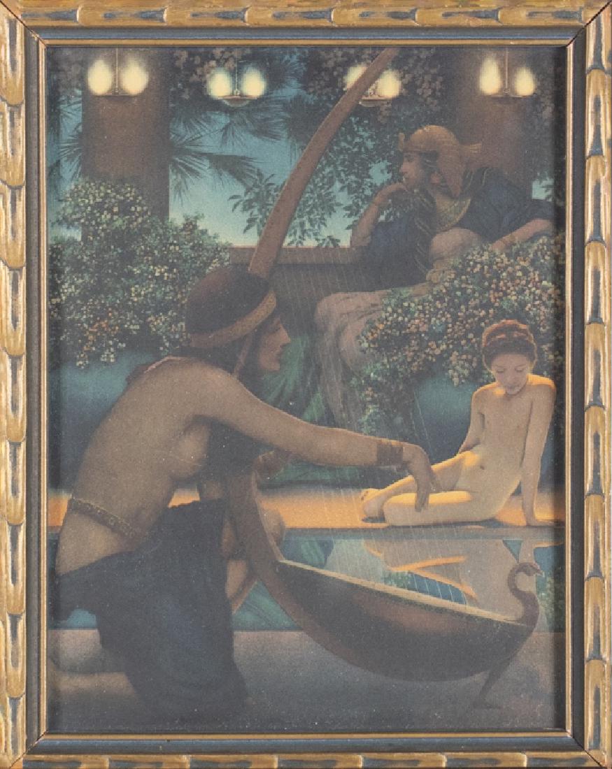 Nine Maxfield Parrish prints: 20th century. Titles include The Lute Players, Violetta, Jell-o, The Chancellor, The Swing, and Contentment. Various sizes.