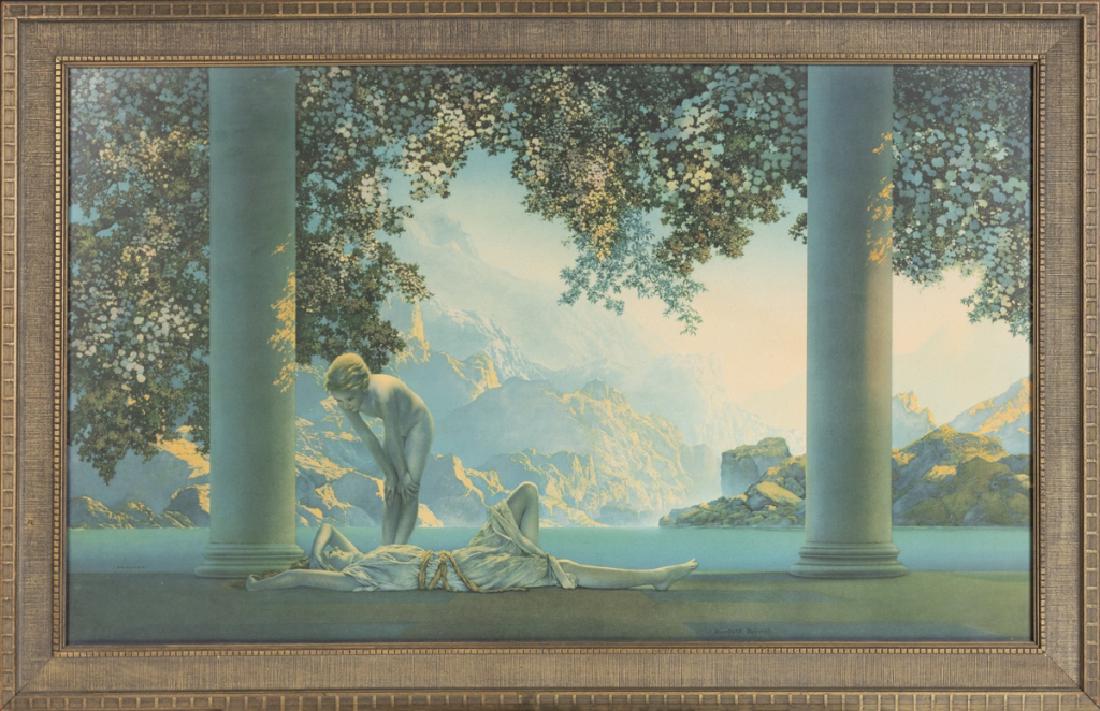 Six Maxfield Parrish prints: 20th century. Titles include Daybreak, Dreamlight, Enchantment, Contentment, and The Oaks. Greatest height 36in.