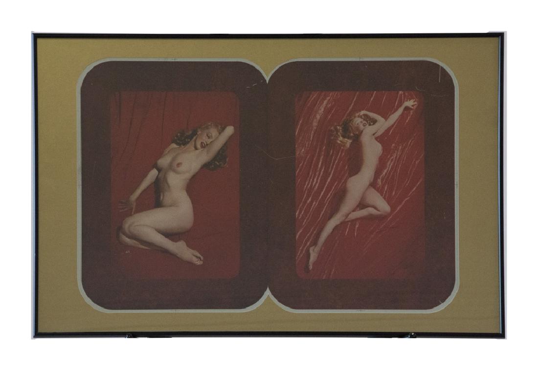 A group of Marilyn Monroe memorabilia: A Marilyn Monroe litho printed tray and coasters in shadow box along with two unformed Marilyn Monroe trays, framed. 23in. H x 26in. L