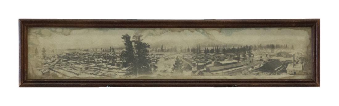 Three framed black and white vintage photographs: First quarter 20th century. Including a portrait of Fort Barry 15th Co. 1918, a panorama of a mill, and a family portrait group. Largest 9 1/2in. H x 41in. W