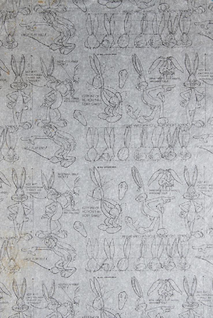 A Warner Bros. Bugs Bunny model sheet: Warner Bros 1993 animators model sheet photostat print of Bugs Bunny. Model sheets were used by the animators as a reference during the production of a feature. 31in. H x 20in. L