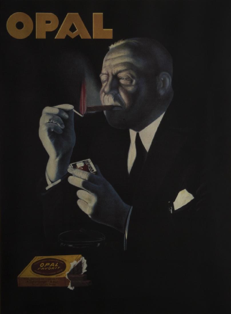 A Swiss cigar advertisement poster: 20th century. Opal cigars, n.d. Offset color lithograph on wove paper, framed. 40in. H x 30 1/2in. W (image) Frame: 53in. H x 43in. W x 2in. L Condition: no rubs or surface abrasions visible, not exam