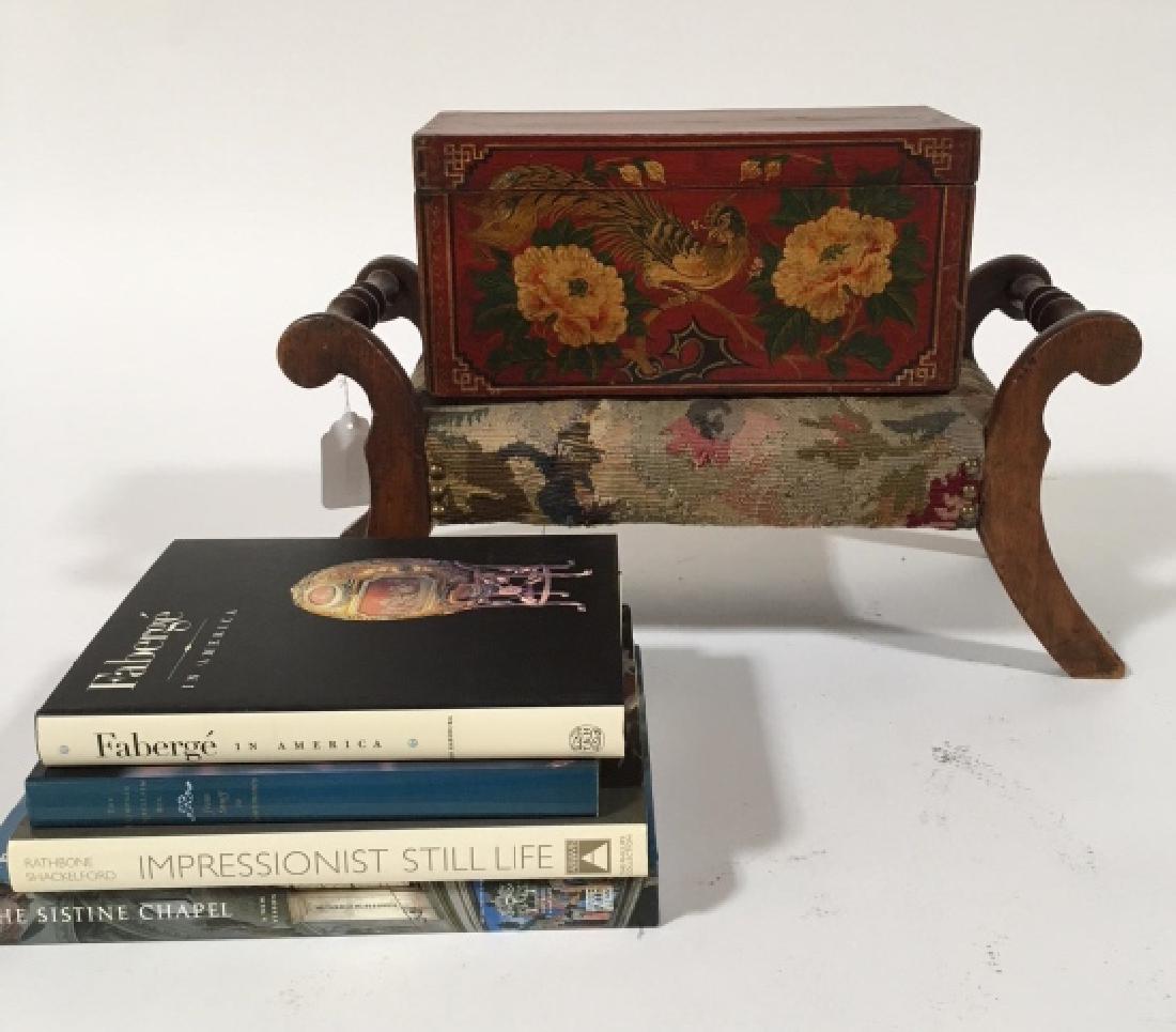 A Victorian footstool and other decorative objects: The Victorian footstool with needlepoint upholstery, along with an Asian polychrome decorated table box, a pair of decorative framed prints of fruit, a glass rimmed dish, a silver lined shell dish, a
