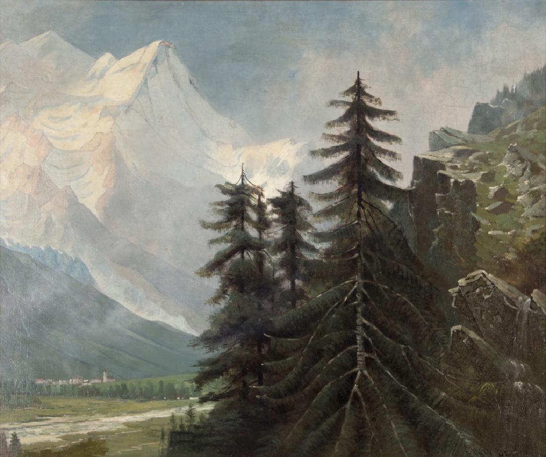 Edwin Deakin (American, 1838-1923): Mont Blanc, Valley of Chamonix, 1877. Oil on canvas, signed 'Edwin Deakin' (lower right), framed. 20 in. H x 24 in. W; Frame: 24 1/2 in. H x 28 1/2 in. W x 1 1/2in. L Condition: some craquelure in upp