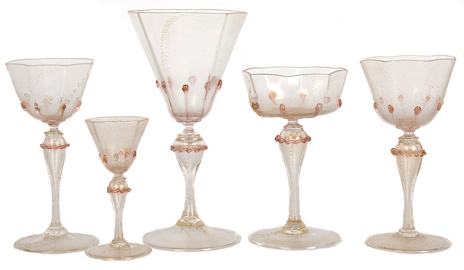A Venetian Salviati suite of glass stemware: 20th century. Gold flecked octagonal glasses with applied pink decoration. Including 8 cordial 4 1/2in. H, 10 goblets 8in. H, 8 champagne 6in. H, and 10 wine 6 1/2in. H (36 pieces)