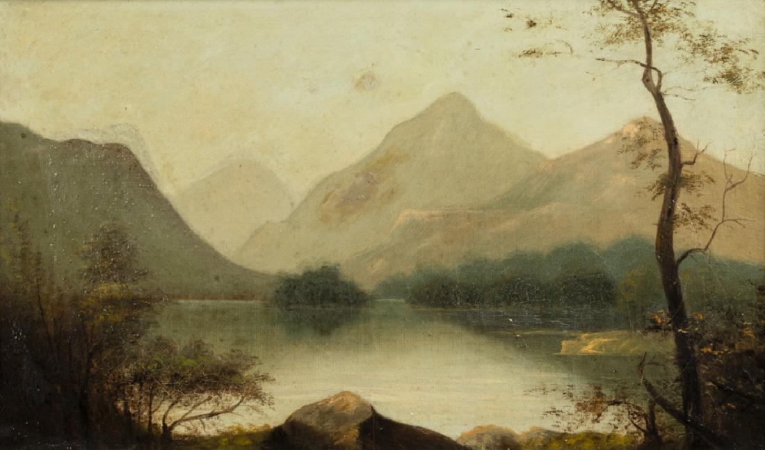 Continental School (19th Century): Lake with Mountains in backround Oil on canvas, framed. 9in. H x 15in. W Frame: 14in. H x 20in.W x 3in. L Condition: craquelure throughout