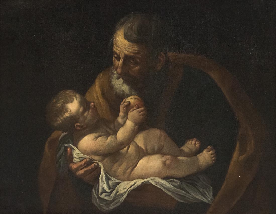 Continental School (19th Century): Saint Joseph and the Christ child, after Guido Reni Oil on canvas, framed. 28in. H x 34in. W Frame: 38in. H x 45in. W x 3in. L