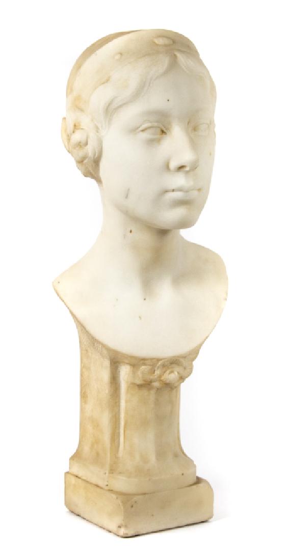 A Renaissance Revival marble bust of a beauty: Late 19th/early 20th century. Carved white marble of a beauty with elongated neck. 24in. H