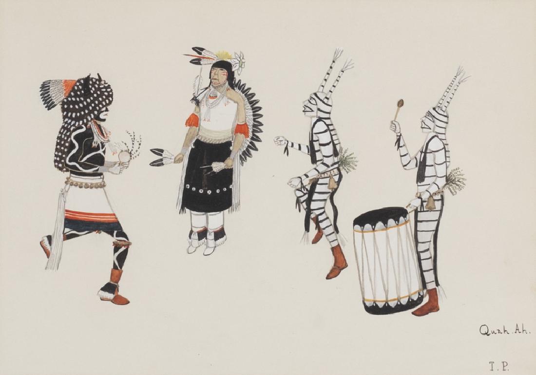 Tonita Virgil Pena, a.k.a. Quah Ah (1895-1949): Four figures in ritual. Ink, watercolor and gouache on paper, signed lower right, framed. 9 3/4 in. H x 13 1/2 in. W Frame: 16 1/4 in. H x 20 1/4 in. W