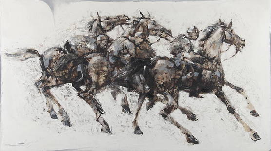 Raymond Howell (American, 20th Century): Untitled (Derby Race) Oil on Masonite, signed ‘Raymond Howell’ (lower left), framed. 28in. H x 48in. W Frame: 30in. H x 50in. W x 2in. L Condition: no issues to note