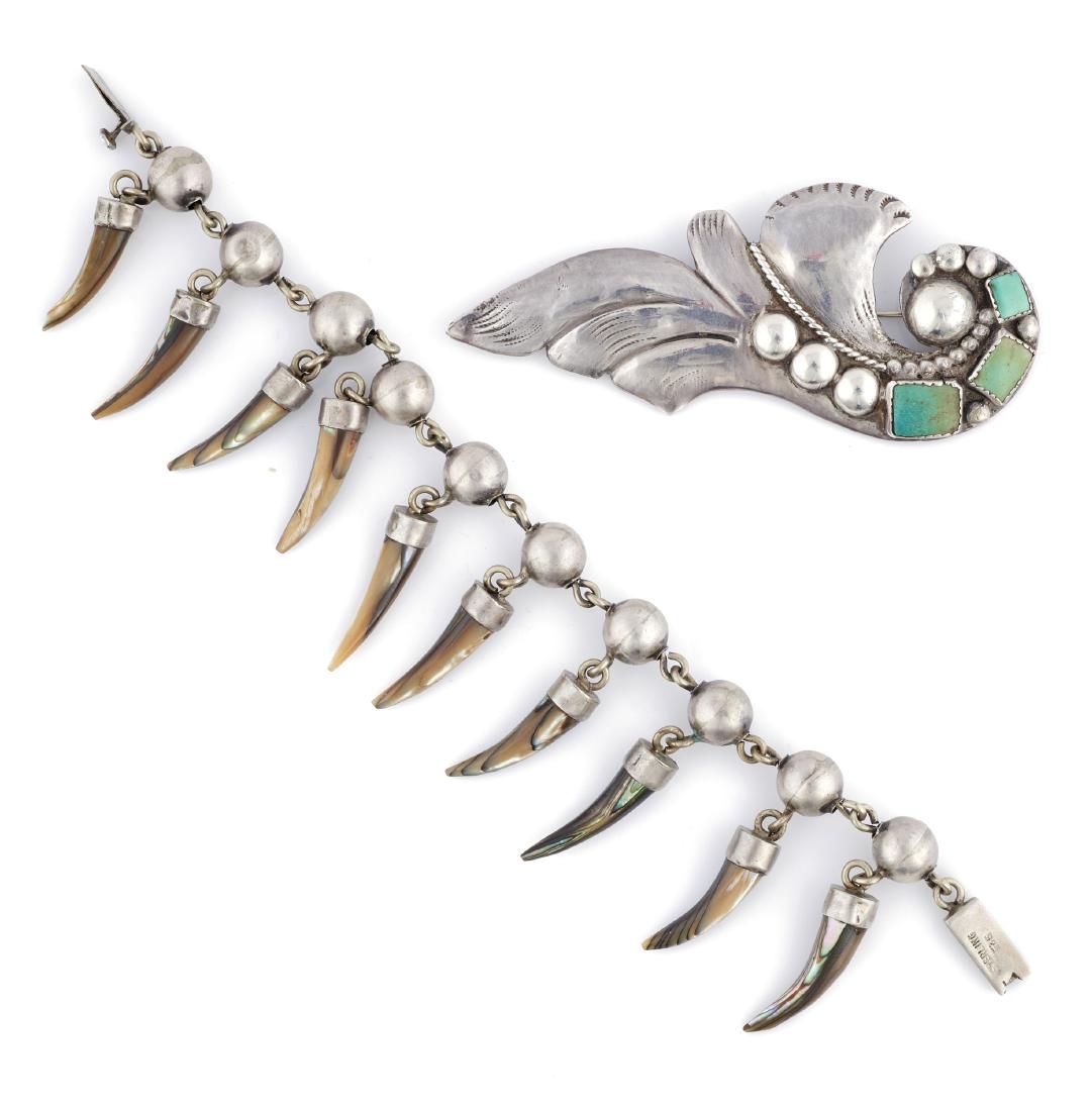 A collection of turquoise, abalone shell, sterling: Including three rectangular turquoise cabochons set in a Hopi silver pin mounting mounting measuring approximately 93.4 x 40.2 mm, signed L.L.; together with ten silver-capped abalone shells designed