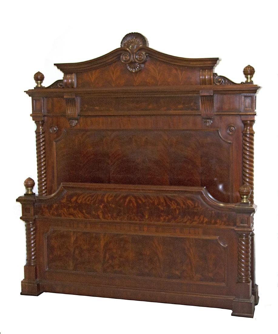Victorian Renaissance Revival Mahogany bed: Third quarter 19th century. The shell carved crest flanked by spiral turned knopped finials. 80in. H x 70in. W