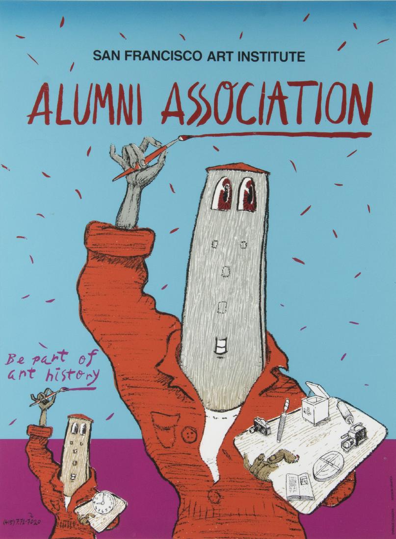 Enrique Chagoya (Mexican/American, b. 1953): San Francisco Art Institute Alumni Association, 1986 Lithograph in colors on wove paper, signed, dated and numbered 3/55 in pencil, with margins, framed. 23 1/2in. H x 17in. W (image); 24 3/4in. H x 1