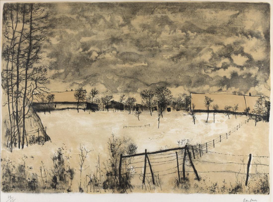 Bernard Gantner (American, b. 1928): Bord de la forêt et maisons sous la neige Lithograph in colors on Rives BFK paper, signed and numbered 43/275, with th