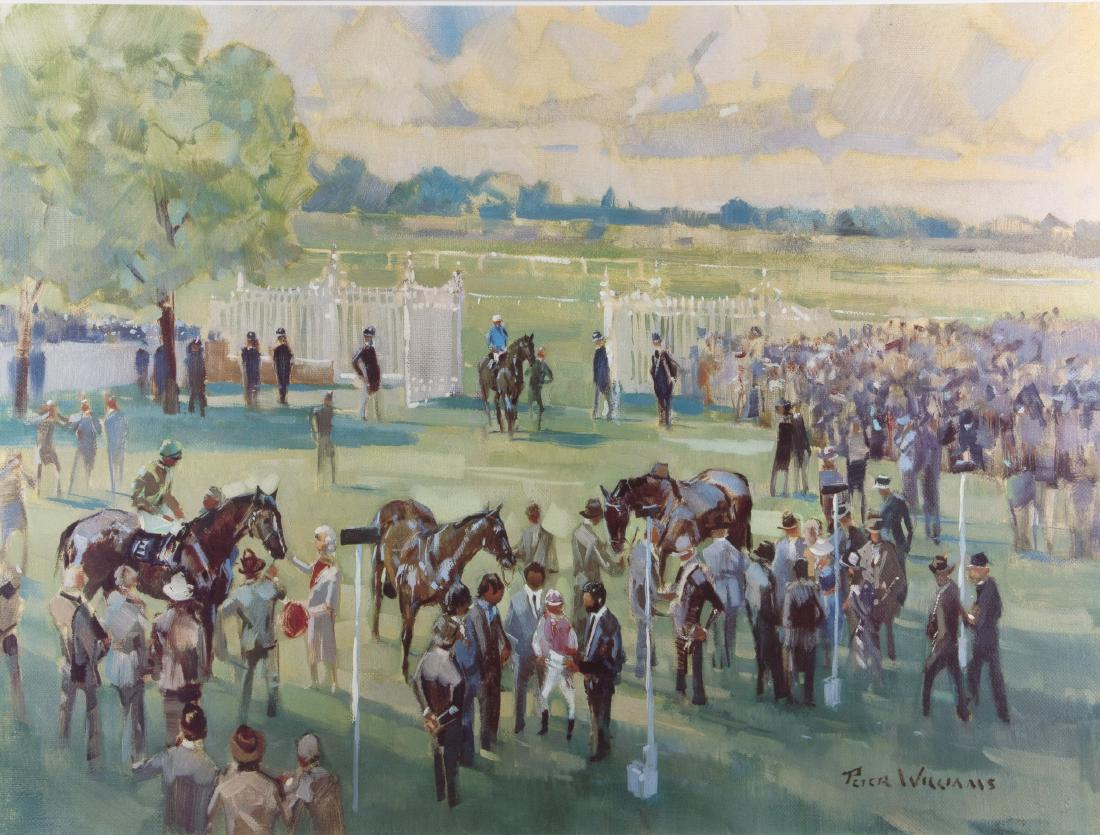 Peter Williams (New Zealand, 1934-2018): The Finish of the Ever Ready Epsom Derby, 1984 Offset lithograph in colors on wove paper, signed in pencil, numbered 215/300, published/ printed by Pacemaker Publications/Royle Print Ltd., England, wi