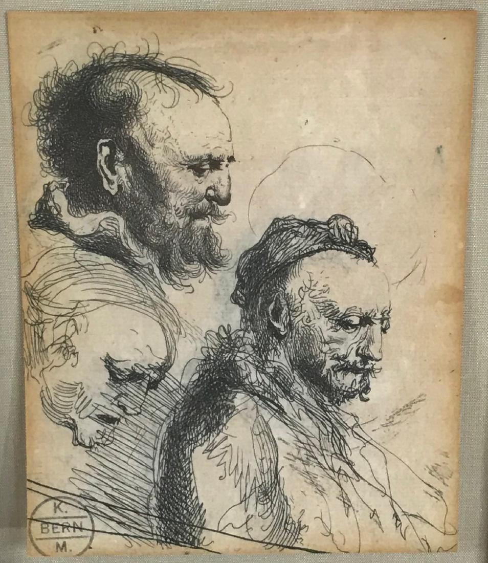 After Rembrandt Harmensz van Rijn (Dutich, 1606-1669): Three Studies of Old Men's Heads A Reproductive copy print, with the Musee des Beaux Arts, Berne collection stamp, framed. 4in. H x 3 1/4in. W (sheet) 15in. H x 14in. W x 1 1/2in. L