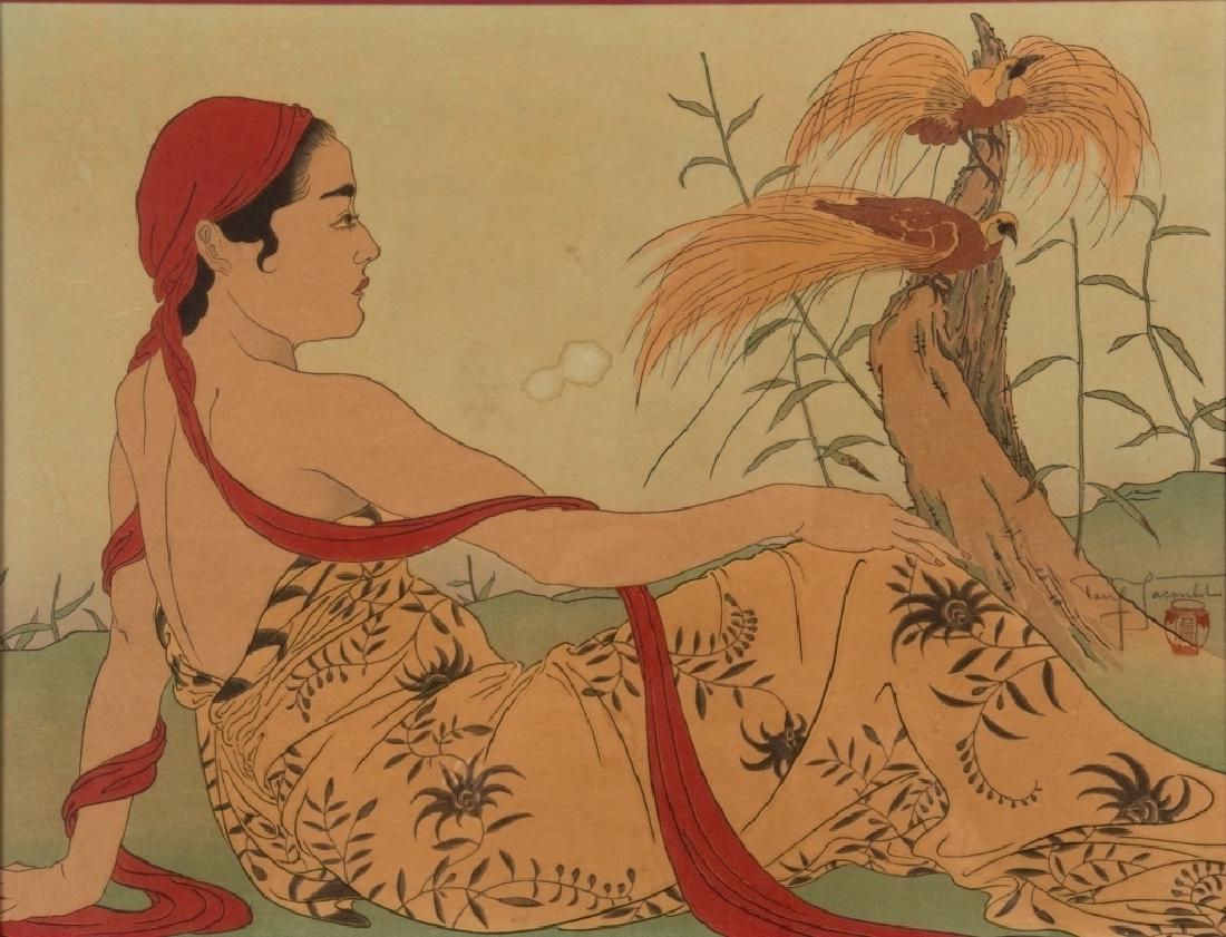 Paul Jacoulet (French, 1896-1960): Les Paradisiers. Menado, Celebes (M. 46), 1927 Woodcut in colors on Japanese paper, signed in pencil and with his 'Tea Jar' seal, framed. 11 1/2in. H x 15in. W Frame: 19in. H x 22in. W x 1in. L 