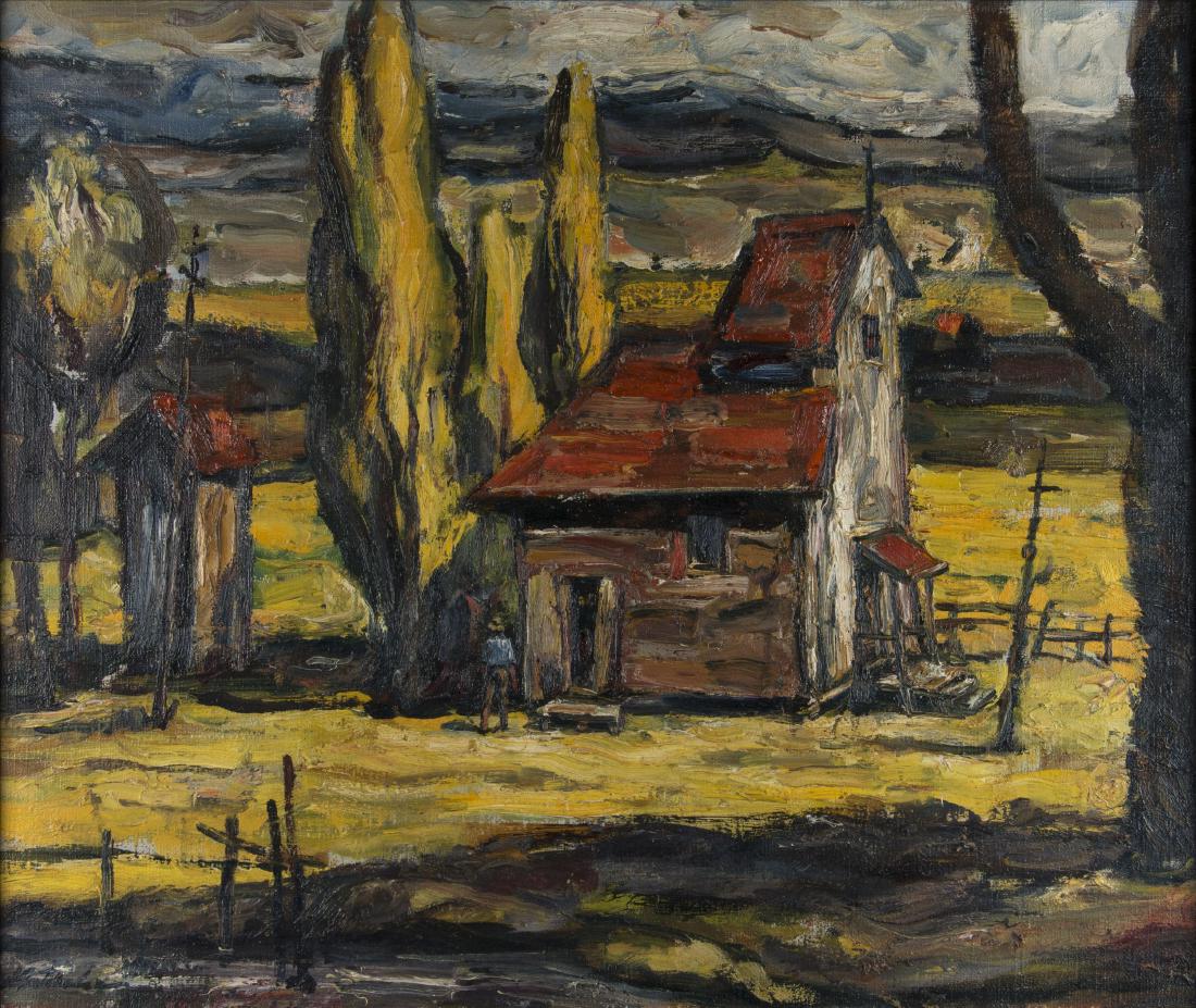 Jonathan Batchelor (American, 1913-2003): Yellow Poplars and Farm House Oil on canvas, signed 'J. Batchelor' (lower left), framed. 25in. H x 30in. W Frame: 34in. H x 39in. W x 3in, L