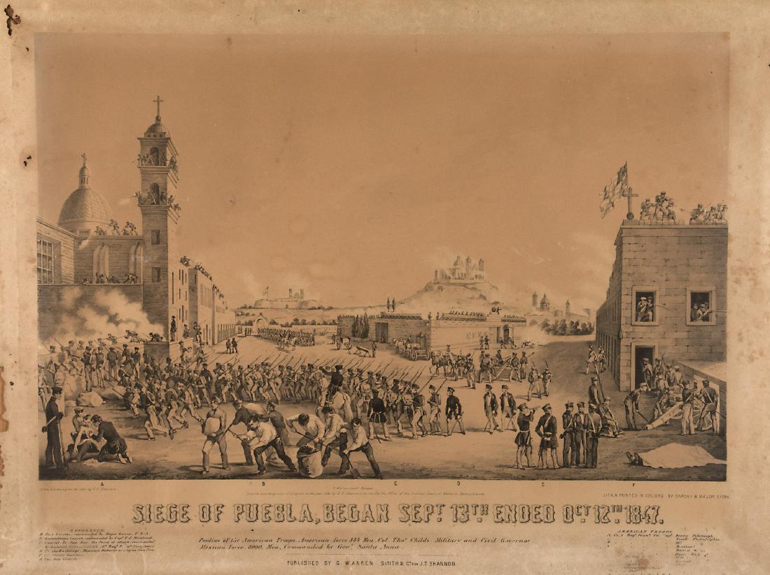 Sarony & Major (American Printers, 19th Century): Siege of Puebla, Began Sept. 13th. ended Oct. 12th, 1847 Lithograph on wove paper, after a drawing by James T. Shannon, published by G. Warren Smith & Co., New York, framed. 16in. H x 20 3/8in. W (ima