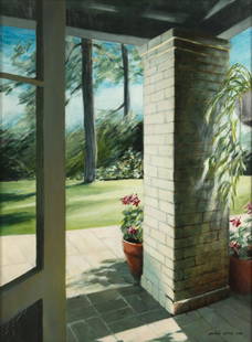 Patrick Collins (American, 20th/21st Century): View from the Porch, 1980 OIl on canvas, signed and dated 'Patrick Collins 1989' (lower right), framed. 20in. H x 15in. W Frame: 21in. H x 16in. W x 2in. L