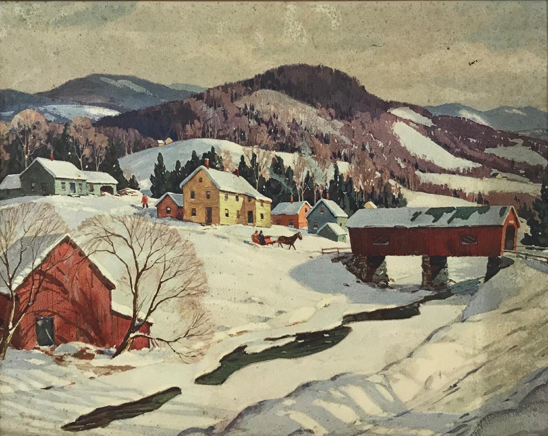 Leo B. Blake (American, 1887-1976): Covered Bridge Oil on canvasboard, signed 'Leo B. Blake' (lower left), framed. 15in. H x 19in. W Frame: 20in. H x 24in. W x 2in. L 