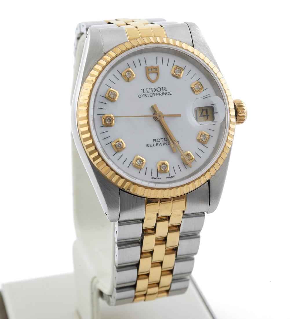 A Tudor Oyster Prince, diamond, stainless steel: DIAL: Round, mother-of-pearl, diamond dot hour markers, black outer minutes track, luminous index hands, date aperture at 3 o'clock, Tudor Oyster Prince. MOVEMENT: Automatic, Swiss. CASE: Round, gold 