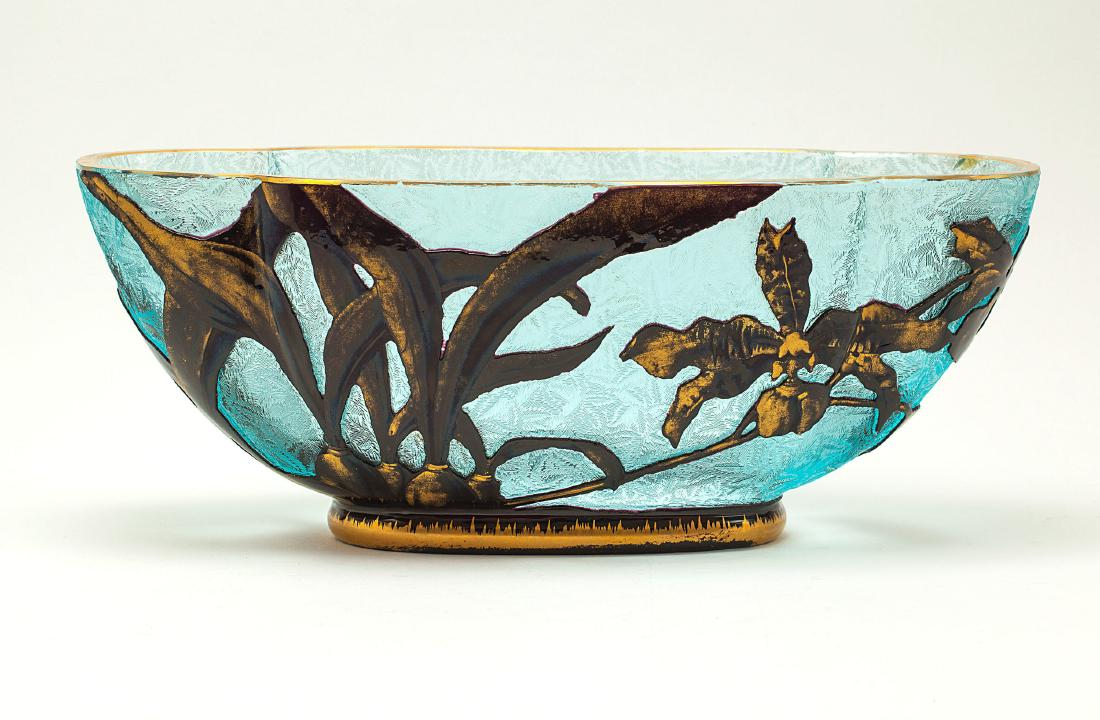 Daum Nancy cameo parcel gilt and acid etched bowl: " Daum Nancy acid etched art glass bowl, enameled and parcel gilt irises on a light blue background. Signed Daum Nancy with the Cross of Lorraine underfoot. 5 3/8in H x 13 3/4in L x 5 7/8in W. C