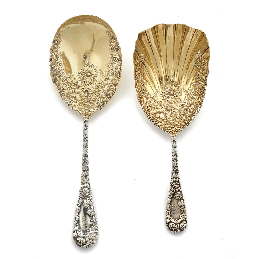 A sterling Durgin Chrysanthemum group of two servers (1 of 4)