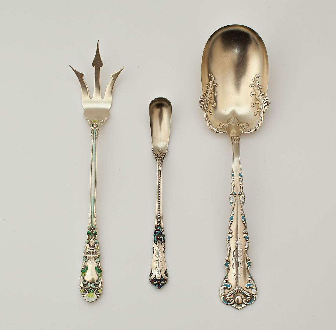 A sterling gilt and enamel group of three flatware (1 of 5)