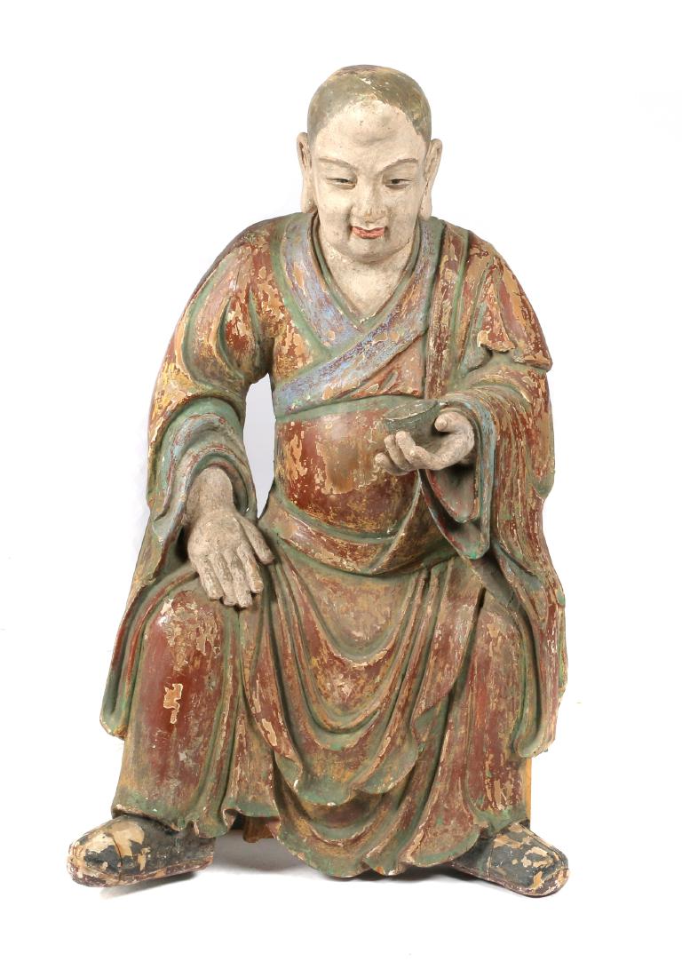 Large brown lacqurered wood seated lohan, ming dynasty (1 of 5)