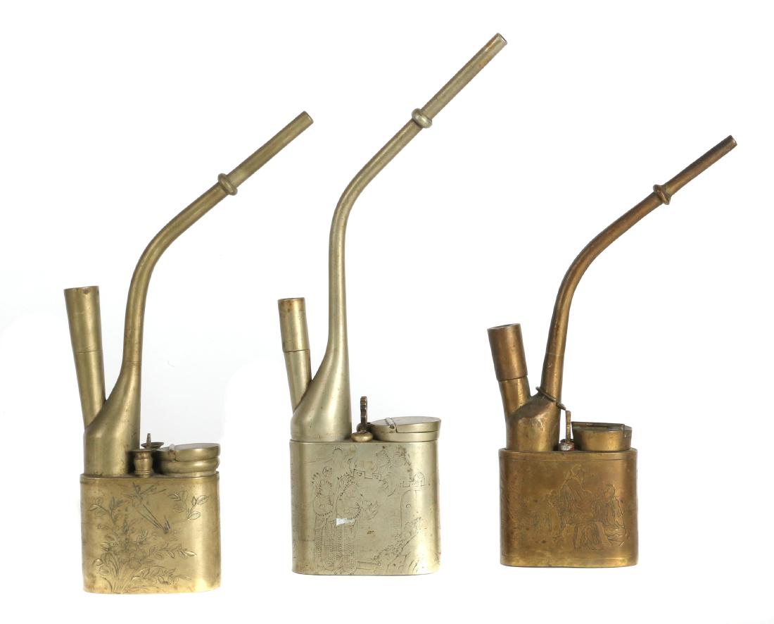 Three Chinese brass water tobacco pipes (1 of 6)