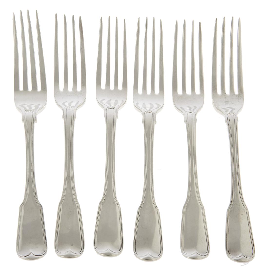 An English silver assembled set of six table forks, (1 of 3)