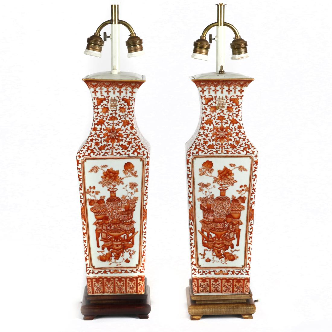 A pair of iron-red painted square form vases (1 of 8)