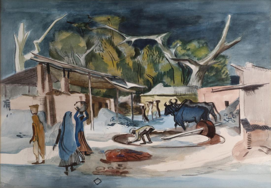 Millard Owen Sheets (American, 1907-1989): Village scene, India, 1944 Watercolor on paper, signed 'Millard Sheets' (lower right), framed. 22 3/4in. H x 30 1/2in. W Frame: 31in. H x 38in. W x2in. L Provenance: Gumps, San Francisco. <