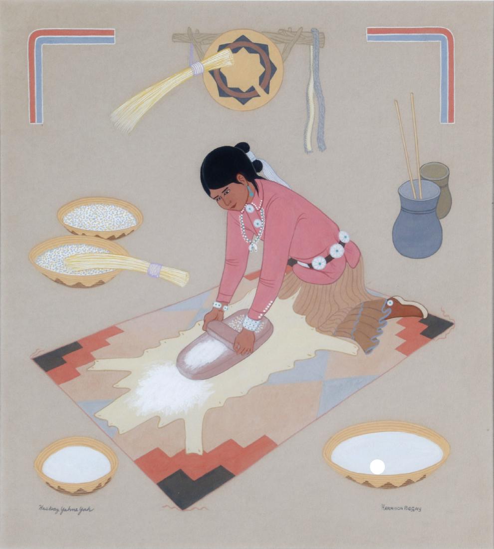 Harrison Begay (American, 1917-2018): Young Navajo lady getting ready for ceremony on her introduction to womanhood. Casein on paper, signed 'Harrison Begay' (lower right), framed. 10 1/4in. H x 9 1/4in. W (sight) Frame: 20in. H x 1