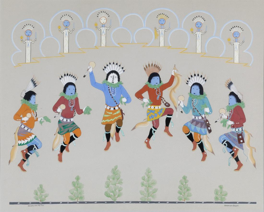 Harrison Begay (American, 1917-2018): Six Ceremonial Dancers Casein on paper, signed 'Harrison Begay' (lower right), framed. 17 1/4in. H x 21in. W (sight) Frame: 28in. H x 31in. W x 1 1/2in. L Condition: In very good condition, not 
