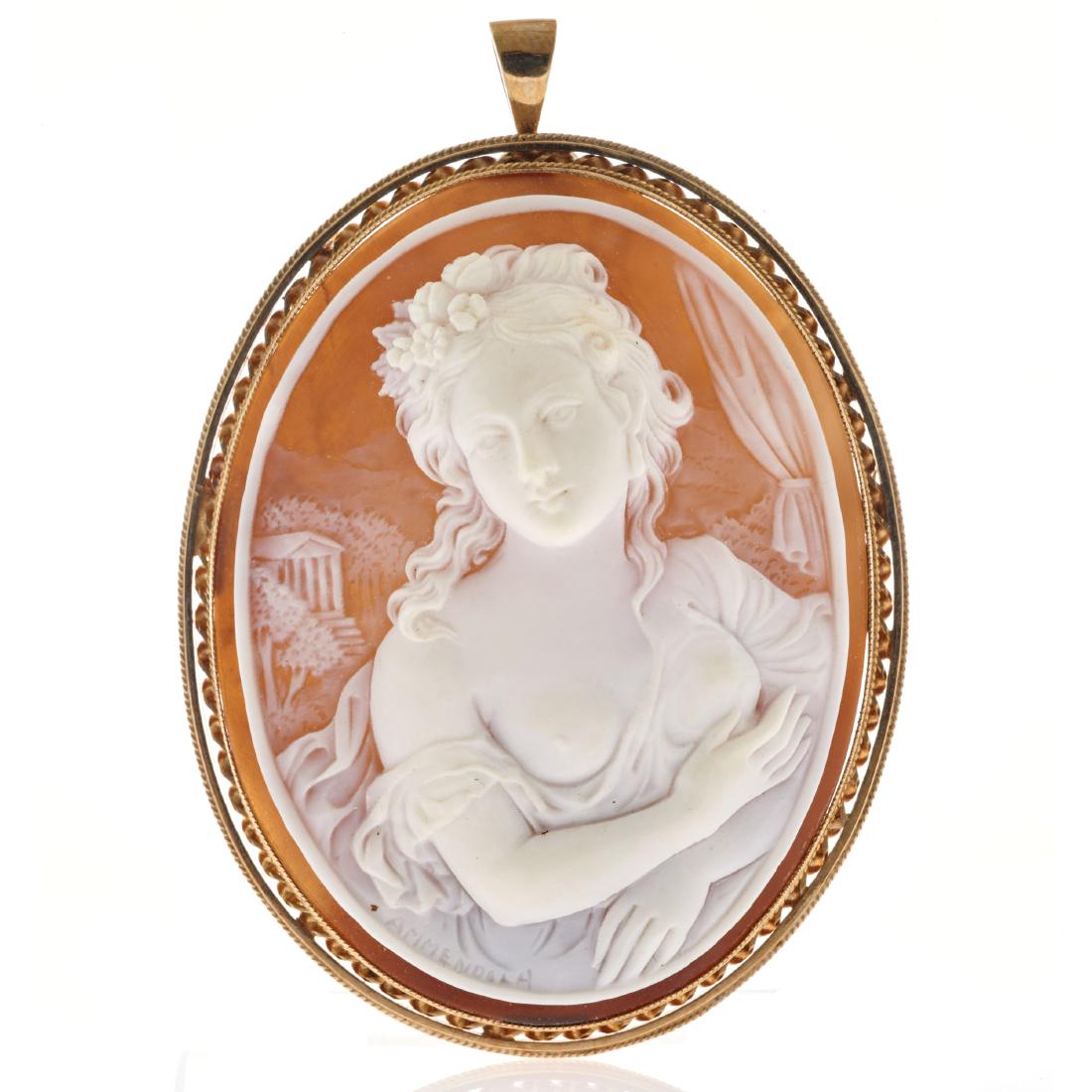 A scenic shell cameo, 9k pin pendant (1 of 3)