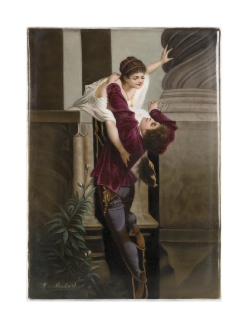A Vienna porcelain plaque: "The Wounded Lover', signed lower left Hans Makart. 7 in. (18 cm.) high, 5 in. (13 cm.) wide